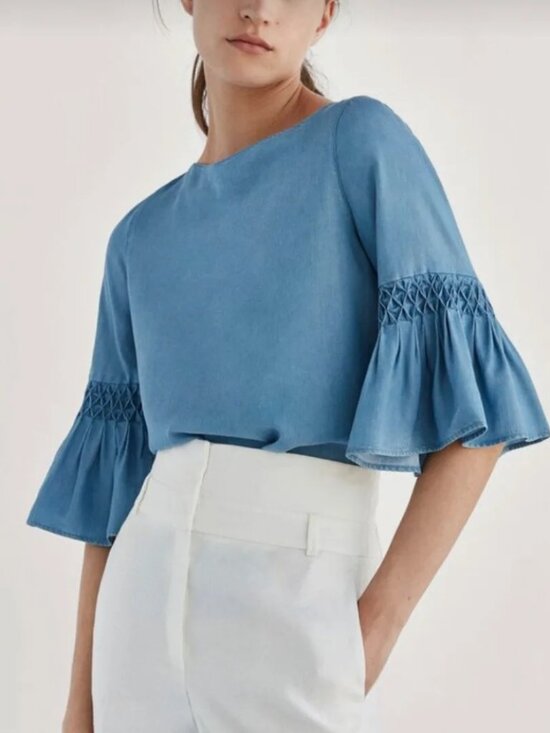 Massimo Dutti Tops - Massimo Dutti Chambray Boatneck Blouse w/ 3/4 Flutter Smocked Sleeves Size 2 EUC